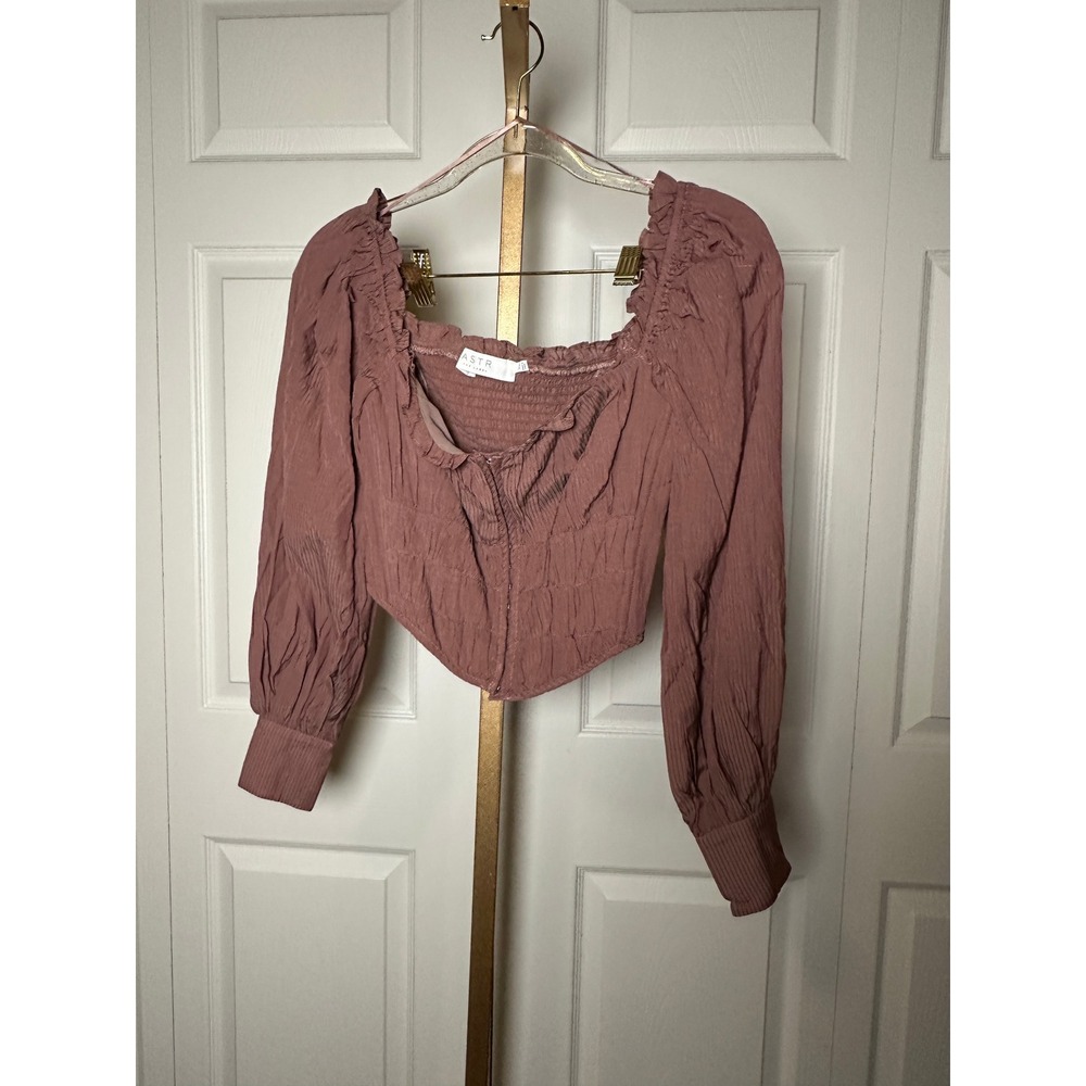 ASTR the Label Women's XS Mauve Long Sleeve‎ Smocked Ruffle Crop Top Blouse